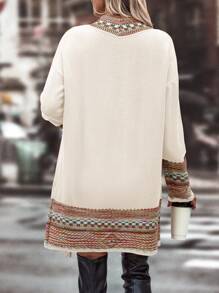 SHEIN LUNE Checkered & Geo Pattern Drop Shoulder Fringe Trim Duster Cardigan - Beige - View 2
