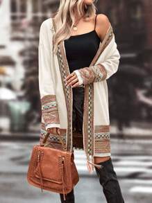 SHEIN LUNE Checkered & Geo Pattern Drop Shoulder Fringe Trim Duster Cardigan - Beige - View 3