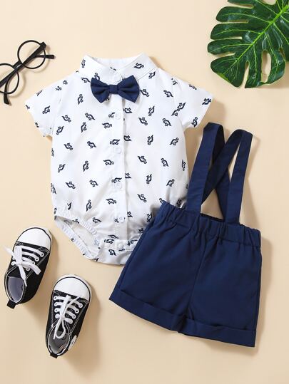 Souflis Souflis Bebis Pojke Dinosaurietryck Rosett Framtill Skjorta Bodysuit & Förkläde Shorts