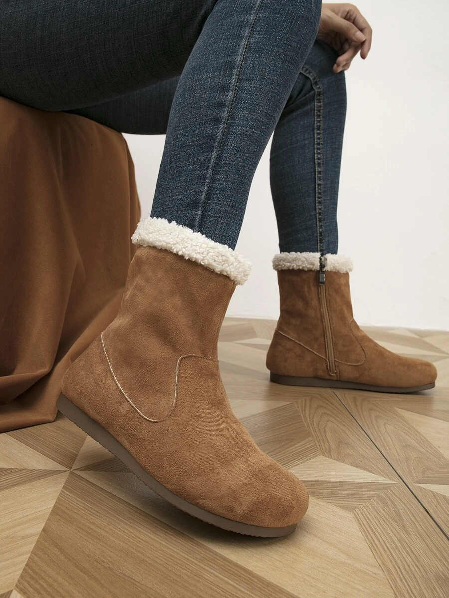 Suedette Slip On Snow Boots - Brown - View 1