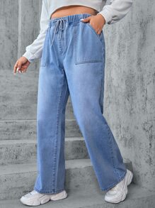 SHEIN EZwear 大碼腰部抽繩直筒牛仔褲 - 淺色水洗藍 - 查看 4
