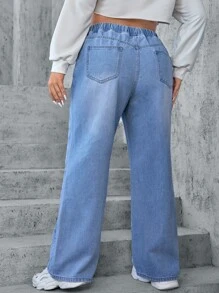 SHEIN EZwear 大碼腰部抽繩直筒牛仔褲 - 淺色水洗藍 - 查看 2