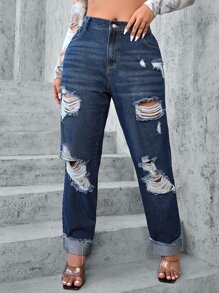 Plus Ripped Raw Trim Straight Leg Jeans - Dark Wash - View 1