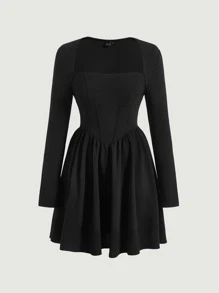 SHEIN MOD 方領素色洋裝 - 黑色 - 查看 1