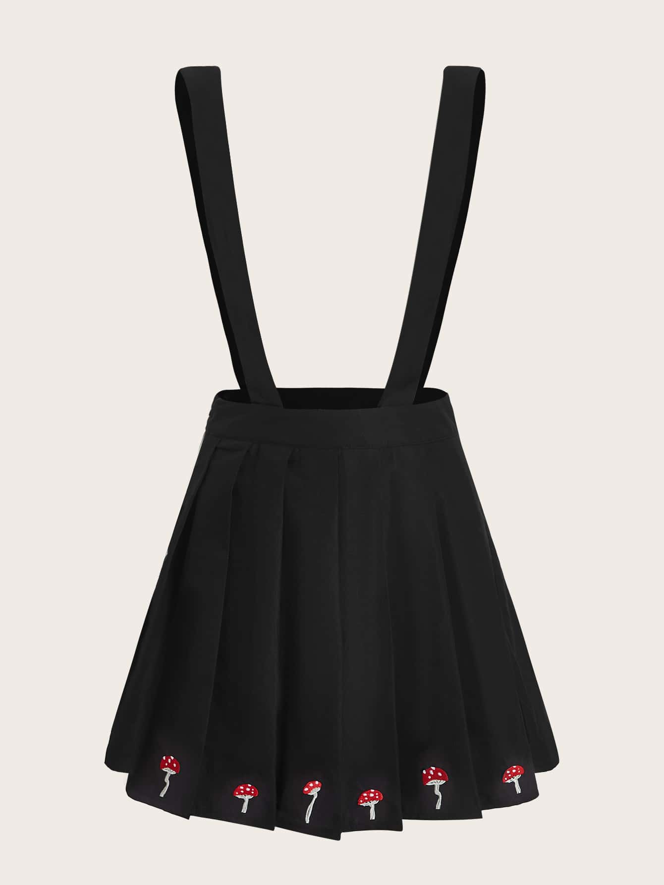 Mushroom Embroidery Pleated Suspender Skirt - Black - View 1
