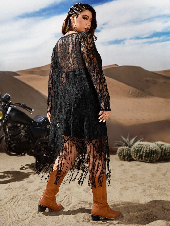 Our Plus Fringe Hem Lace Dress Without Belt is such a vibe - ROMWE