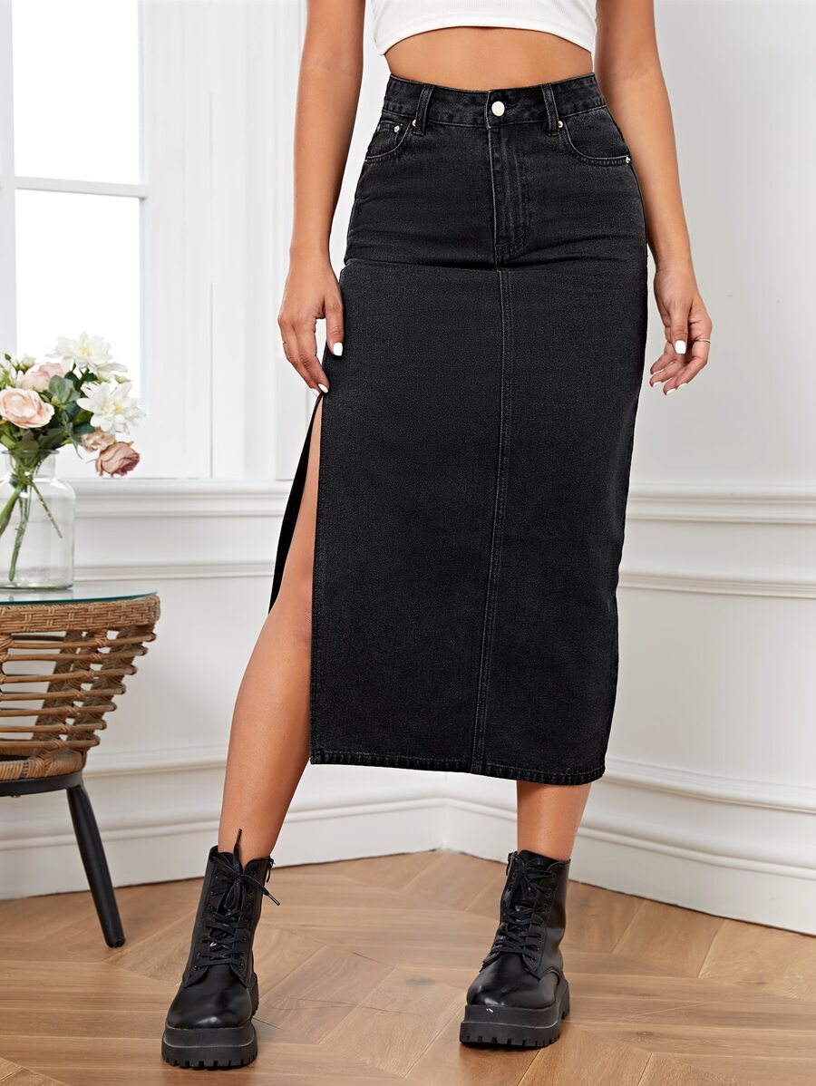 SHEIN Essnce High Waist Split Thigh Denim Skirt - Black - View 1