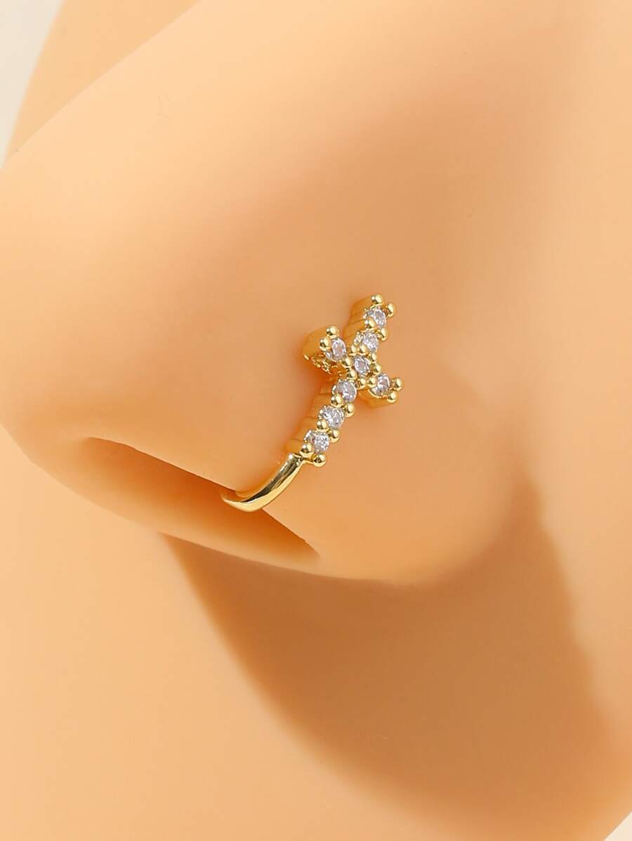 受歡迎水鑽十字架裝飾鼻環銅簡約風和時髦適合女士和女孩中性 - 金黃色 - 查看 1
