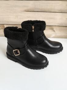 Girls Buckle Decor Zip Side Contrast Fluffy Combat Boots - Black - View 2