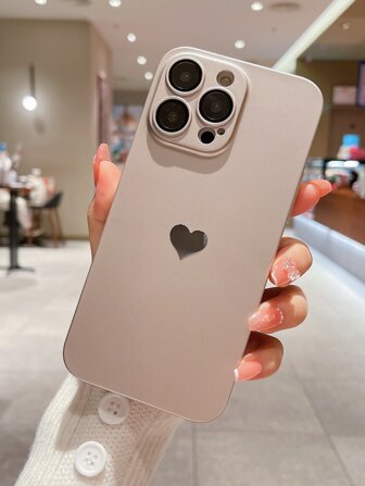 Apple 0.8mm Ultra-Thin PC Painted Leather Oil Texture Light Pink Heart Pattern Perforated Dust Net Lens Protective Phone Case Compatible With Iphone 16 Series