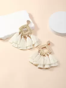 Rattan Geometric & Tassel Decor Clip On Earrings - Beige - View 2
