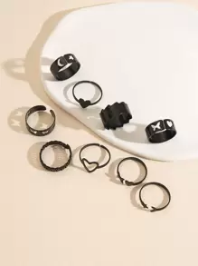 9入組心和蝴蝶裝飾戒指 - 黑色 - 查看 1