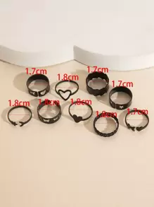 9入組心和蝴蝶裝飾戒指 - 黑色 - 查看 3