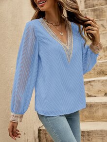 SHEIN Clasi Chevron Textured Guipure Lace Insert Lantern Sleeve Blouse - Blue - View 4