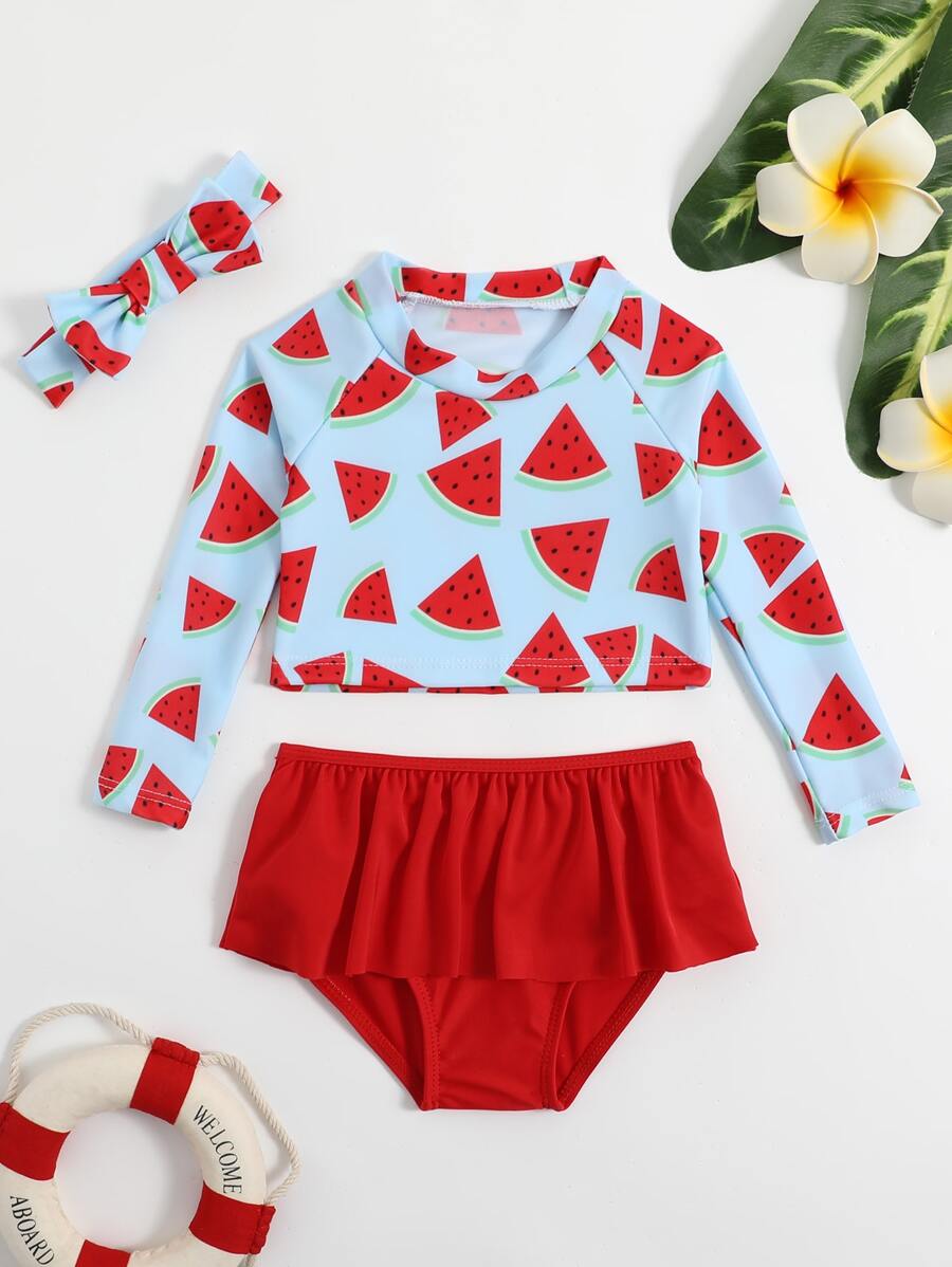 Baby Girl Watermelon Print Ruffle Hem Skort Beachwear & Headband Summer Beach - Multicolor - View 1