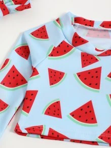 Baby Girl Watermelon Print Ruffle Hem Skort Beachwear & Headband Summer Beach - Multicolor - View 5