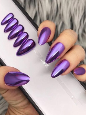 Transform Your Nails With 24pcs Short Almond Purple Mirror Effect Solid Glossy Plain Fake Nail & 1pc Nail File & 1sheet Tape Press On Nails Nail Supplies