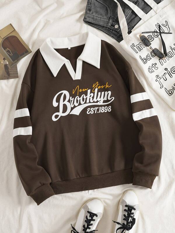 INAWLY Letter Graphic Contrast Collar Thermal Lined Sweatshirt,Long Sleeve Tops Graduation,Back To School Outfits,Graduation,Teacher Outfits For Women,Back To School
