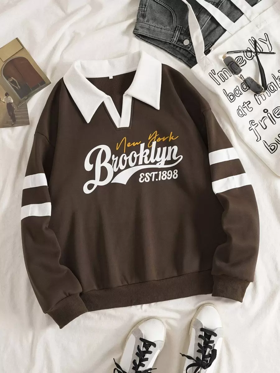 INAWLY Letter Graphic Contrast Collar Thermal Lined Sweatshirt,Long Sleeve Tops Graduation,Back To School Outfits,Graduation,Teacher Outfits For Women,Back To School Pullover Fall Outfit - Coffee Brown - View 1