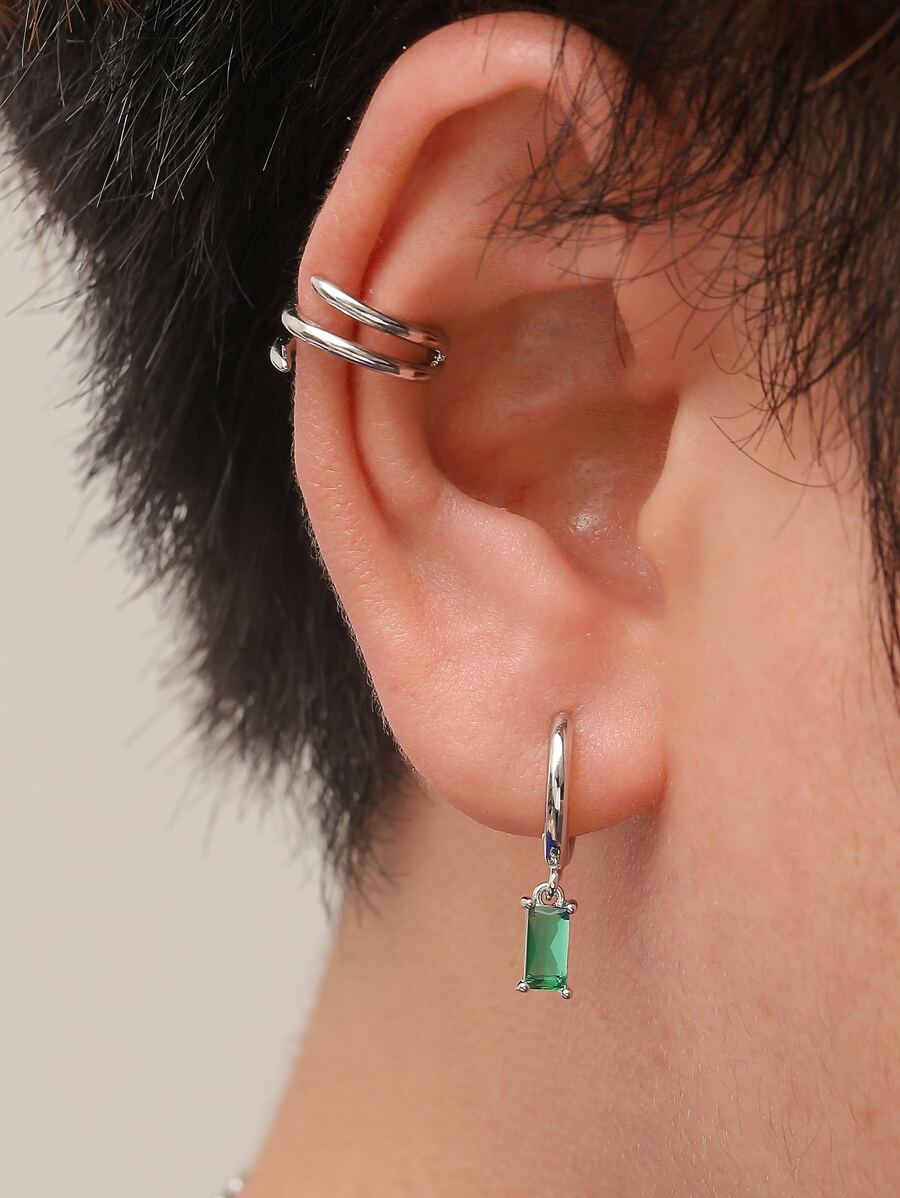 1pc Men Cubic Zirconia Decor Earring & 1pc Ear Cuff - Multicolor - View 1
