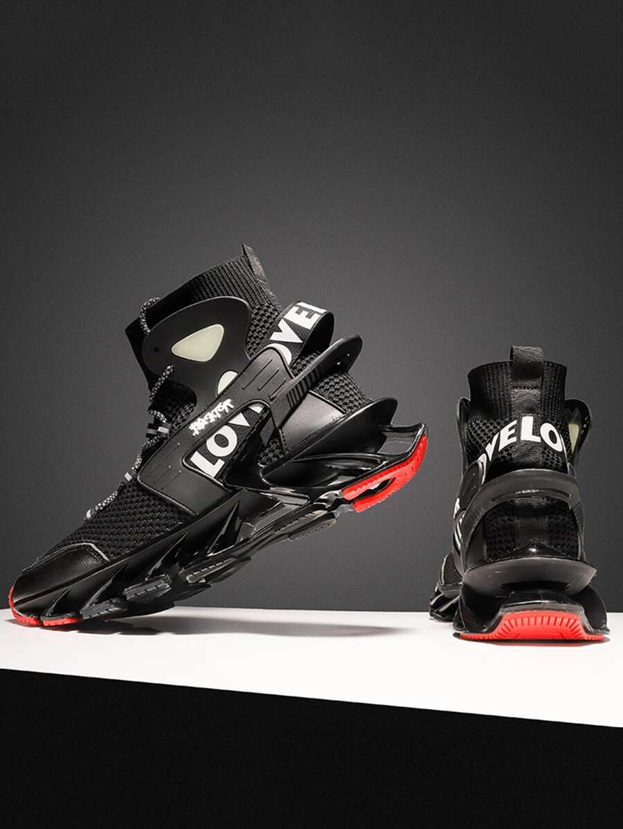 男士字母圖案高幫前綁帶跑步鞋 - 黑色 - 查看 1