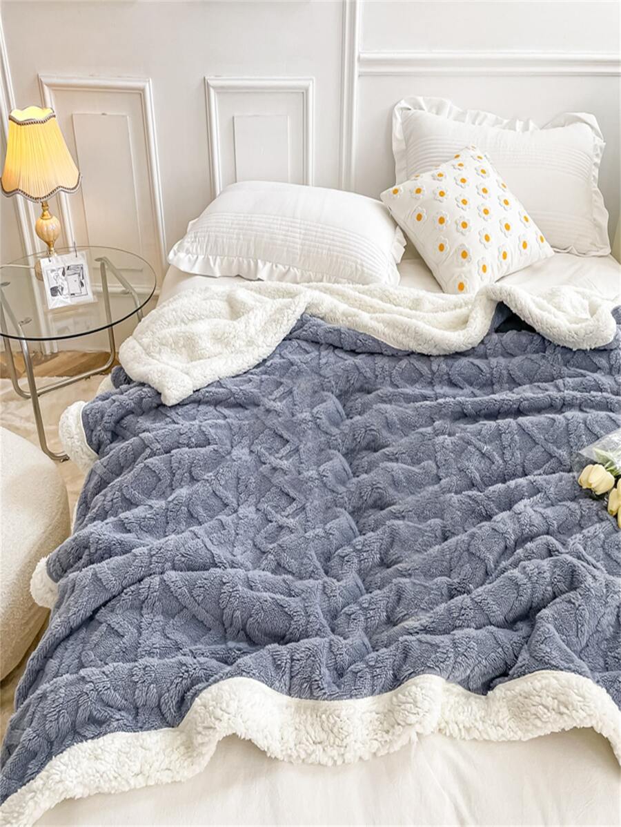 1 pieza manta de cama con patrón de punto de doble capa gruesa - Neblina azul - Ver 1