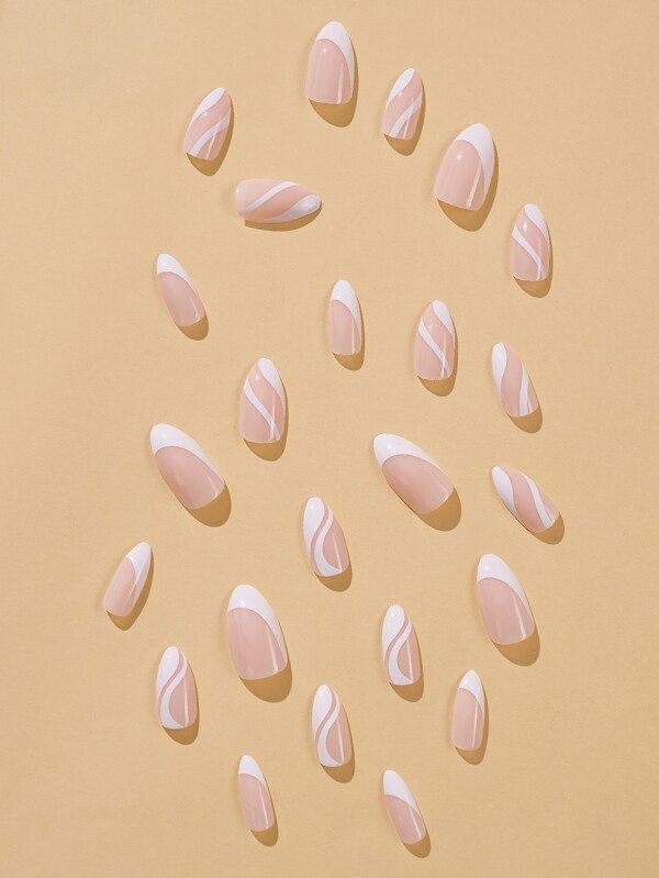 Transform Your Nails with 24pcs Long Almond Minimalist White French Lines Fake Nail & 1sheet