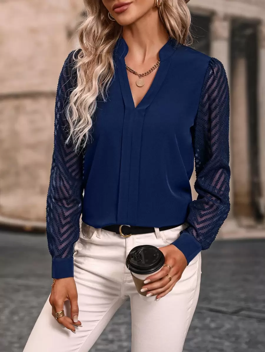 SHEIN Clasi Notched Neckline Contrast Mesh Shirt,Long Sleeve Tops Fall Cloth For Women - Navy Blue - View 1