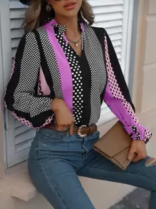 EMERY ROSE Colourblock Polka Dot Notched Neck Bishop Sleeve Blouse - Purple - View 6