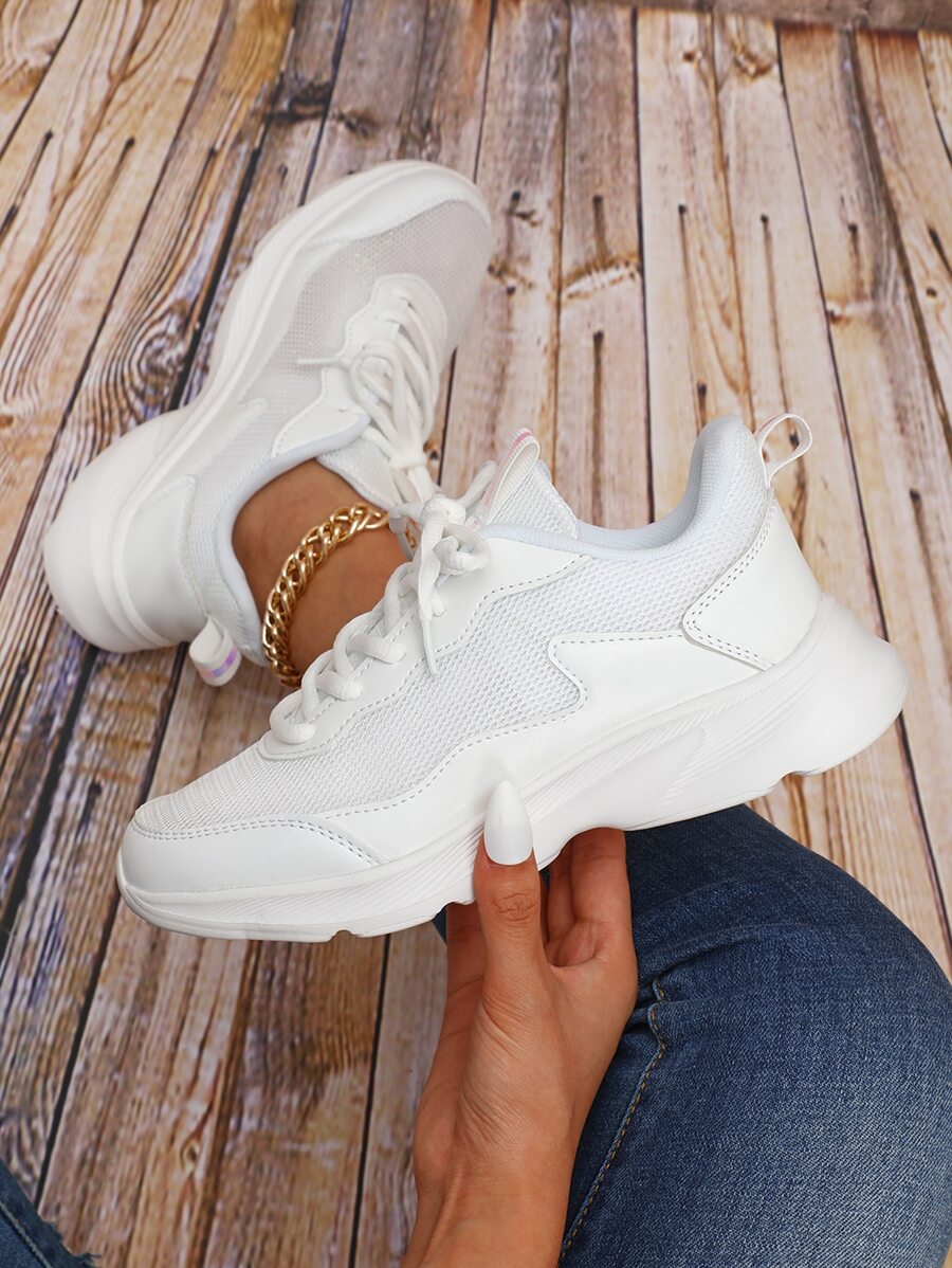 Lace-up Front Chunky Sneakers - White - View 1