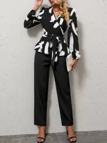 SHEIN Clasi 圖案印花燈籠袖腰帶上衣和褲子 - 黑色 - 查看 1