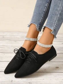 2025 Autumn Women's Black Fashionable Solid Color Oxford Shoes Lace-Up Pointed Toe Suede-Like Flat - Black - View 6