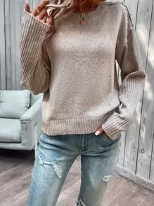 SHEIN LUNE Jersey de space dye de hombros caídos - Caqui - Ver 4