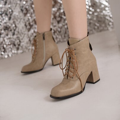 Lace-up Front Side Zip Chunky Heeled Classic Boots