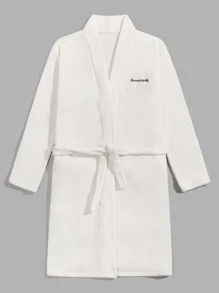 Hombres Bata homewear con bordado de letra con cinturón de franela - Blanco - Ver 4