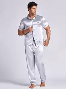 Men Contrast Piping Lapel Collar Pocket Patched PJ Set - Silver - View 1