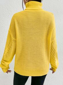 SHEIN Essnce Turtleneck Cable Knit Drop Shoulder Jumper - Yellow - View 2