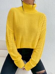 SHEIN Essnce Turtleneck Cable Knit Drop Shoulder Jumper - Yellow - View 6