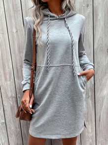 SHEIN LUNE Vestido con capucha de rayas con bolsillo oblicuo con cordón - Gris Claro - Ver 1