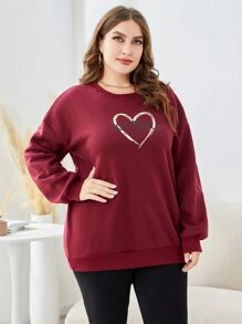 Mulvari Burgundy Red Plus Heart Print Drop Shoulder Sweatshirt - Burgundy - View 1