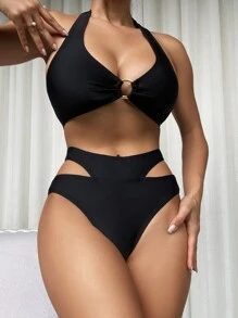 露脊開叉騎士背比基尼套裝，夏日沙灘必備 - 黑色 - 查看 8