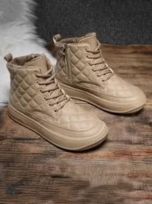 Men Quilted Lace-up Front Thermal Lined Combat Boots - Khaki - View 1