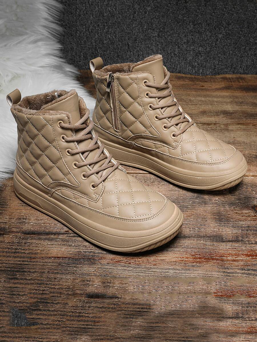 Men Quilted Lace-up Front Thermal Lined Combat Boots - Khaki - View 1