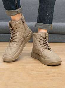 Men Quilted Lace-up Front Thermal Lined Combat Boots - Khaki - View 2
