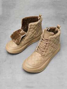 Men Quilted Lace-up Front Thermal Lined Combat Boots - Khaki - View 4