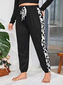 大碼奶牛圖案拼接側邊接縫前打結睡褲 - 黑色 - 查看 1