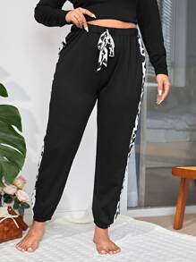 大碼奶牛圖案拼接側邊接縫前打結睡褲 - 黑色 - 查看 3