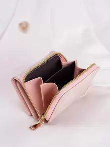 简约按扣零钱包小号双折拉链女士钱包便携现金白领上班族女大学生工作商务通勤办公室周年纪念生日礼物情人节礼物热粉色商务休闲女士钱包钱包小钱包 - 淺粉色 - 查看 2
