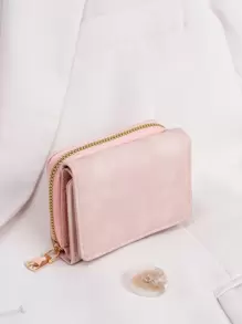 简约按扣零钱包小号双折拉链女士钱包便携现金白领上班族女大学生工作商务通勤办公室周年纪念生日礼物情人节礼物热粉色商务休闲女士钱包钱包小钱包 - 淺粉色 - 查看 3