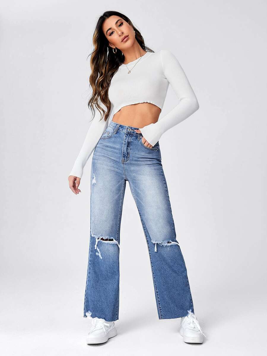 Jeans de talle alto desgarro bajo crudo - Azul lavado medio - Ver 1